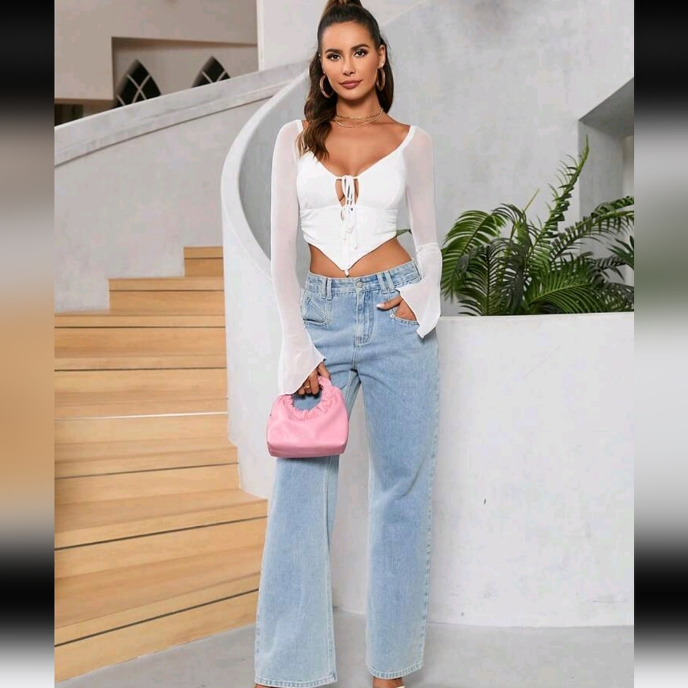 Flounce Sleeve  Tie Front Mesh top NWT
